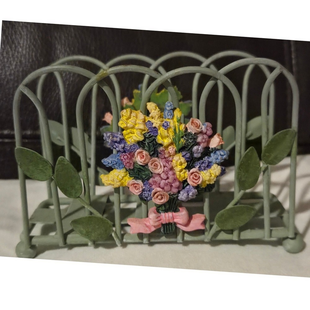 Vintage Sage Green Metal Flower Bouquet Letter Holder Napkin Organizer Decor